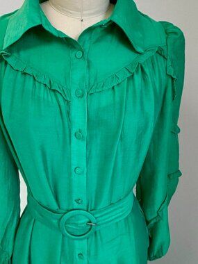 MELLODAY  ruffle belted long sleeve maxi shirtdress in green- size small